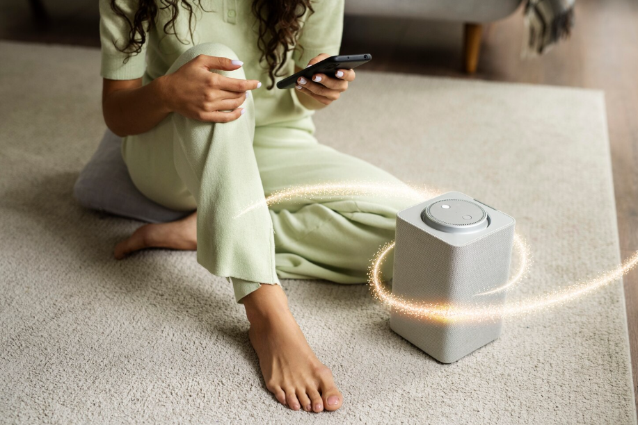 Woman using a smartphone next to a voice-activated smart speaker, illustrating everyday uses of AI in smart homes.