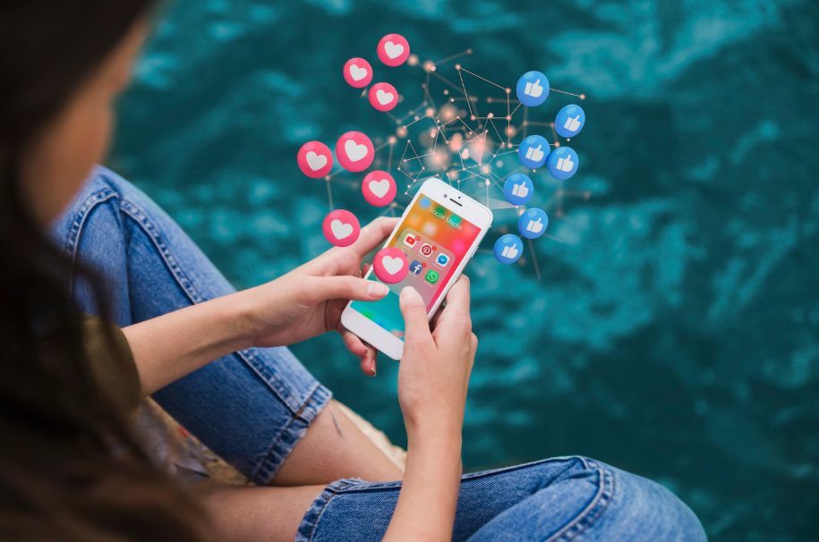 Person using a smartphone with social apps with floating likes and hearts, showing algorithmic personalization.