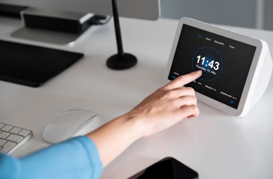 Hand tapping a smart display showing the time, illustrating digital timekeeping and sync clocks.