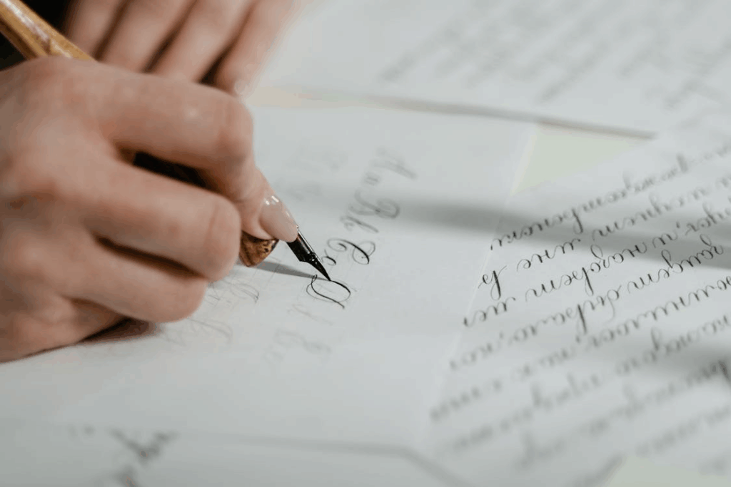 Close-up of a hand using a dip pen to write elegant cursive letters, illustrating handwriting psychology.